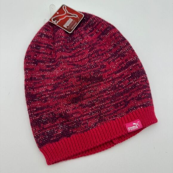 Puma Evercat Shimmer Cat Beanie Dark Pink Metallic Knit Winter‎ Hat Women's NWT - Picture 1 of 4